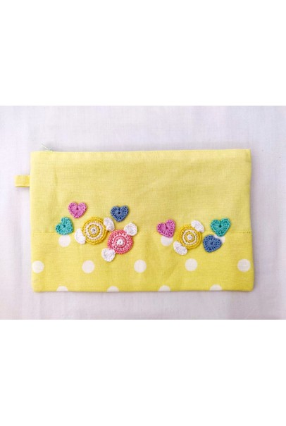 Happy Threads Pretty Cotton Storage Pouch with Heart Motifs (Yellow)